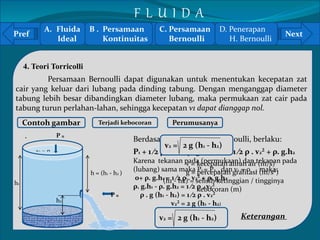 Pref Next 
4. Teori Torricolli 
` 
Persamaan Bernoulli dapat digunakan untuk menentukan kecepatan zat 
cair yang keluar dari lubang pada dinding tabung. Dengan menganggap diameter 
tabung lebih besar dibandingkan diameter lubang, maka permukaan zat cair pada 
tabung turun perlahan-lahan, sehingga kecepatan v1 dapat dianggap nol. 
Contoh gambar Terjadi kebocoran 
h1 
h2 
h = (h1 - h2 ) 
P u 
P u 
Perumusanya 
Berdasarkan persamaan Bernoulli, berlaku: 
v2 = 2 g (h1 - h2) 
P1 + 1 ⁄2 ρ . v1² + ρ. g.h1 = P2 + 1 ⁄2 ρ . v2² + ρ. g.h2 
Karena tekanan pada v = kecepatan (permukaan) aliran dan air tekanan (m/s) 
pada 
(lubang) sama maka g = percepatan P1 = P2 , dan grafitasi v1 = 0 , (maka: 
m/s²) 
0+ ρ. g.h1 (h1 = 1 - ⁄2 h2) ρ . = v2selisih ² + ρ. g.ketinggian h2 
/ tingginya 
ρ. g.h1 - ρ. g.h2 = 1 ⁄2 ρ kebocoran . v2² 
(m) 
ρ . g (h1 - h2) = 1 ⁄2 ρ . v2² 
v2² = 2 g (h1 - h2) 
v2 = 2 g (h1 - h2) Keterangan 
A. Fluida 
Ideal 
B . Persamaan 
Kontinuitas 
C. Persamaan 
Bernoulli 
D. Penerapan 
H. Bernoulli 
F L U I D A 
 