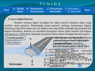 Pref Next 
5. Gaya Angkat Pesawat 
` 
Pesawat terbang dapat terangkat ke udara karena kelajuan udara yang 
melalui sayap pesawat. Penampang sayap pesawat terbang mempunyai bagian 
belakang yang lebih tajam dan sisi bagian atas yang lebih melengkung daripada sisi 
bagian bawahnya. Bentuk ini membuat kecepatan aliran udara melalui sisi bagian 
atas pesawat v1 lebih besar daripada kecepatan aliran udara di bagian bawah sayap v2. 
Contoh gambar 
Aliran udara 
P1 
v1 
v2 
Sesuai dengan asas Bernoulli, tekanan 
pada sisi bagian atas P2 lebih kecil 
daripada sisi bagian bawah P1 
karena kelajuan udara v1 lebih besar 
P2 
Berdasarkan hukum bernoulli, 
h1=h2, karena sayap pesawat pada 
ketinggian yang sama. Maka: 
P1 + 1 ⁄2 ρ . v1² + ρ. g.h1 = P2 + 1 ⁄2 ρ . v2² + ρ. g.h2 
P1 + 1 ⁄2 ρ . v1² = P2 + 1 ⁄2 ρ . v2² 
P1- P2 = 1 ⁄2 ρ (v2²- v1²) 
Keterangan 
Jika luas penampang pesawat 
sama dengan A maka gaya angkat 
pesawat sebesar 
F = P . A = 1 ⁄2 ρ (v2²- v1²) . A 
F = gaya angkat pesawat (N) 
ρ = masa jenis udara (kg/m³ 
A = luas penampang pesawat (m²) 
v1 = kecepatan udara di bagian atas sayap 
pesawat (m/s) 
v2 = kecepatan udara di bagian bawah sayap 
pesawat (m/s) 
A. Fluida 
Ideal 
B . Persamaan 
Kontinuitas 
C. Persamaan 
Bernoulli 
D. Penerapan 
H. Bernoulli 
F L U I D A 
 