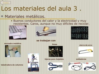 Los materiales del aula 3 . Materiales metálicos. Buenos conductores del calor y la electricidad y muy resistentes. Caros, aunque no muy difíciles de reciclar. se trabajan con escuadra metálica limas sierra de arco taladradora de columna tijeras para hojalata soldadores Al índice 