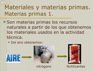 Materiales y materias primas.  Materias primas 1. Son materias primas los recursos naturales a partir de los que obtenemos los materiales usados en la actividad técnica. Del aire obtenemos:  nitrógeno fertilizantes Al índice 