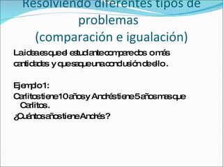 Resolviendo diferentes tipos de problemas  (comparación e igualación) La idea es que el estudiante compare dos  o más cantidades  y que saque una conclusión de ello . Ejemplo 1: Carlitos tiene 10 años y Andrés tiene 5 años mas que Carlitos . ¿Cuántos años tiene Andrés ? 
