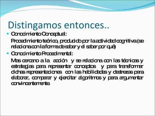 Distingamos entonces.. Conocimiento Conceptual: Procedimiento teórico, producido por la actividad cognitiva.(se relaciona con la forma de saber y el saber por qué) Conocimiento Procedimental: Mas cercano a la  acción  y se relaciona con las técnicas y estrategias para representar conceptos  y para transformar dichas representaciones  con las habilidades y destrezas para elaborar, comparar y ejercitar algoritmos y para argumentar convincentemente. 