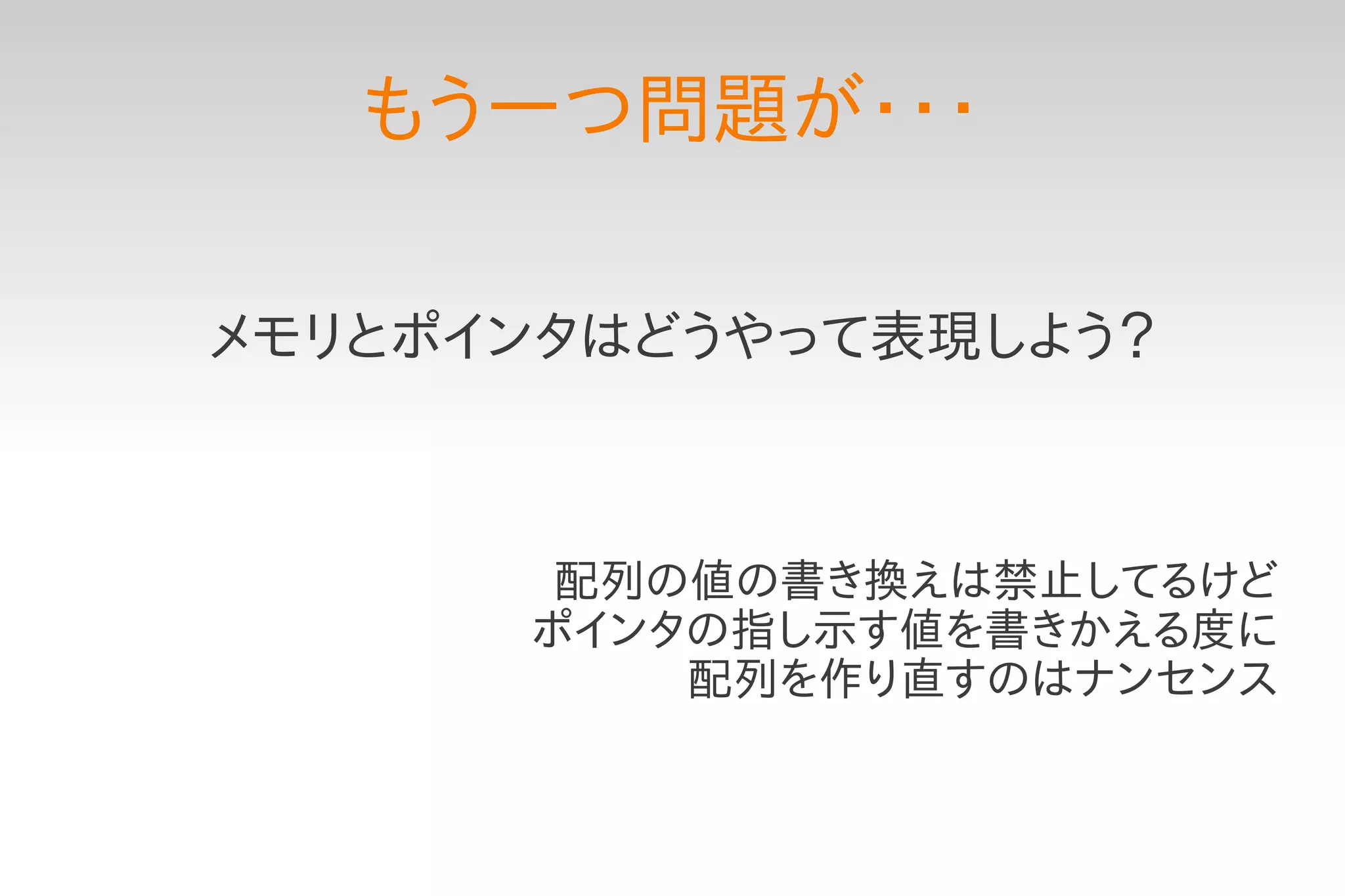 もう一つ問題が･･･

メモリとポインタはどうやって表現しよう？



       配列の値の書き換えは禁止してるけど
      ポインタの指し示す値を書きかえる度に
          配列を作り直すのはナンセンス
 
