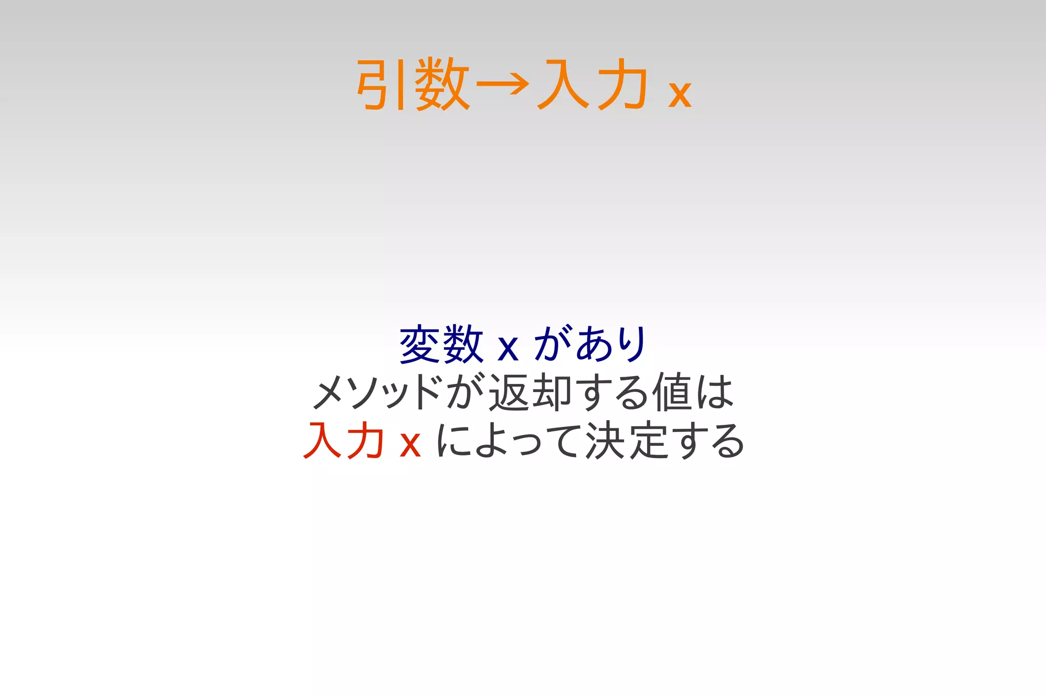 引数→入力 x



   変数 x があり
メソッドが返却する値は
入力 x によって決定する
 