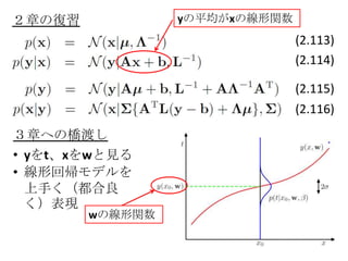 ２章の復習            yの平均がxの線形関数
                               (2.113)
                               (2.114)

                               (2.115)
                               (2.116)
３章への橋渡し
• yをt、xをwと見る
• 線形回帰モデルを
  上手く（都合良
  く）表現
        wの線形関数
 