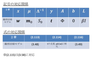 記号の対応関係
 ２章



線形回帰
 モデル



式の対応関係
      ２章       (2.113)      (2.114)       (2.116)

線形回帰モデル         (3.48)   tの尤度. p(t|w)に相   (3.49)
                              当.


※(2.115)は(3.58)に対応
 