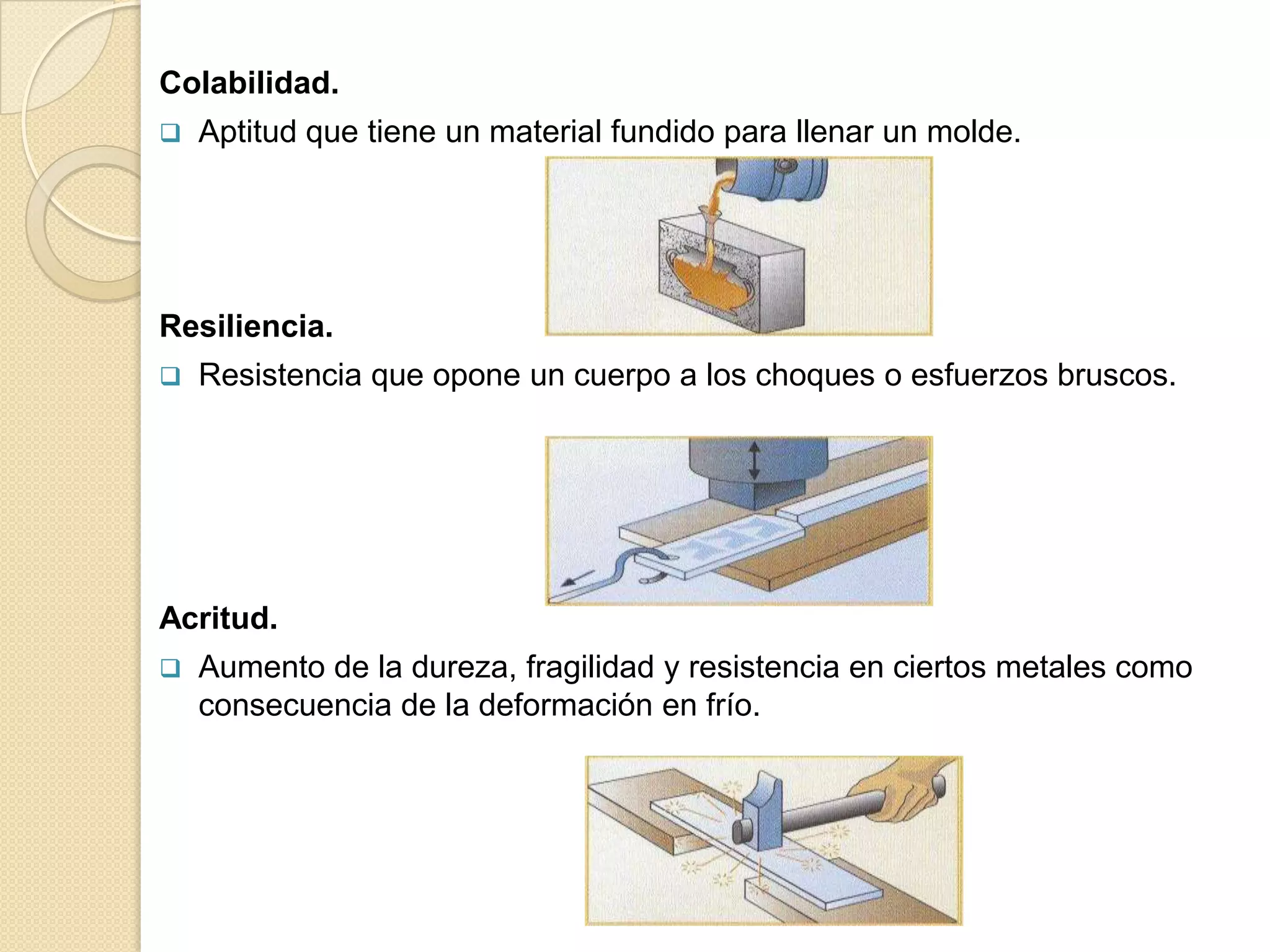 Colabilidad.
   Aptitud que tiene un material fundido para llenar un molde.




Resiliencia.
   Resistencia que opone un cuerpo a los choques o esfuerzos bruscos.




Acritud.
   Aumento de la dureza, fragilidad y resistencia en ciertos metales como
    consecuencia de la deformación en frío.
 