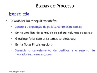 • O WMS realiza as seguintes tarefas:
• Controla a expedição de pallets, volumes ou caixas;
• Emite uma lista de conteúdo de pallets, volumes ou caixas;
• Gera interfaces com os sistemas corporativos;
• Emite Notas Fiscais (opcional);
• Gerencia o cancelamento de pedidos e o retorno de
mercadorias para o estoque.
Expedição
Etapas do Processo
Prof. Thiago Casácio
 