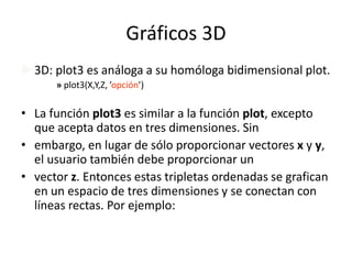 Gráficos 3D
3D: plot3 es análoga a su homóloga bidimensional plot.
» plot3(X,Y,Z, ’opción’)
• La función plot3 es similar a la función plot, excepto
que acepta datos en tres dimensiones. Sin
• embargo, en lugar de sólo proporcionar vectores x y y,
el usuario también debe proporcionar un
• vector z. Entonces estas tripletas ordenadas se grafican
en un espacio de tres dimensiones y se conectan con
líneas rectas. Por ejemplo:
 
