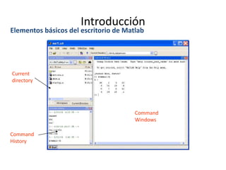 Introducción
Elementos básicos del escritorio de Matlab
Command
Windows
Current
directory
Command
History
 