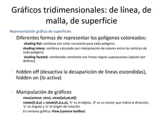 Gráficos tridimensionales: de línea, de
malla, de superficie
Representación gráfica de superficies
 Diferentes formas de representar los polígonos coloreados:
 shading flat: sombrea con color constante para cada polígono.
 shading interp: sombrea calculado por interpolación de colores entre los vértices de
cada polígono
 shading faceted: sombreado constante con líneas negras superpuestas (opción por
defecto)
 hidden off (desactiva la desaparición de líneas escondidas),
hidden on (lo activa)
 Manipulación de gráficos
 view(azimut, elev), view([xd,yd,zd])
 rotate(h,d,a) o rotate(h,d,a,o), ‘h’ es el objeto, ‘d’ es un vector que indica la dirección,
‘a’ un ángulo y ‘o’ el origen de rotación
 En ventana gráfica: View (camera toolbar)
 