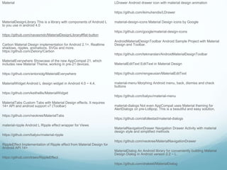 Material
MaterialDesignLibrary This is a library with components of Android L
to you use in android 4.0
https://github.com/navasmdc/MaterialDesignLibrary#flat-button
Carbon Material Design implementation for Android 2.1+. Realtime
shadows, ripples, animations, SVGs and more.
https://github.com/ZieIony/Carbon
MaterialEverywhere Showcase of the new AppCompat 21, which
includes new Material Theme, working in pre-21 devices.
https://github.com/antoniolg/MaterialEverywhere
MaterialWidget Android L design widget in Android 4.0 ~ 4.4.
https://github.com/keithellis/MaterialWidget
MaterialTabs Custom Tabs with Material Design effects. It requires
14+ API and android support v7 (Toolbar)
https://github.com/neokree/MaterialTabs
material-ripple Android L Ripple effect wrapper for Views
https://github.com/balysv/material-ripple
RippleEffect Implementation of Ripple effect from Material Design for
Android API 14+
https://github.com/traex/RippleEffect
LDrawer Android drawer icon with material design animation
https://github.com/ikimuhendis/LDrawer
material-design-icons Material Design icons by Google
https://github.com/google/material-design-icons
AndroidMaterialDesignToolbar Android Sample Project with Material
Design and Toolbar.
https://github.com/tekinarslan/AndroidMaterialDesignToolbar
MaterialEditText EditText in Material Design
https://github.com/rengwuxian/MaterialEditText
material-menu Morphing Android menu, back, dismiss and check
buttons
https://github.com/balysv/material-menu
material-dialogs Not even AppCompat uses Material theming for
AlertDialogs on pre-Lollipop. This is a beautiful and easy solution.
https://github.com/afollestad/material-dialogs
MaterialNavigationDrawer Navigation Drawer Activity with material
design style and simplified methods
https://github.com/neokree/MaterialNavigationDrawer
MaterialDialog An Android library for conveniently building Material
Design Dialog in Android version 2.2 ~ L.
https://github.com/drakeet/MaterialDialog
 