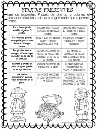 PIRATAS PRESENTES
Lee las siguientes frases de piratas y colorea el
enunciado que tiene el mismo significado que la primer
frase.
En el barco pirata
invisible viajaron 15
piratas.
Anteriormente, viajaron
15 piratas en un barco
invisible.
Próximamente viajarán
15 piratas en el barco
invisible.
Los temibles piratas
navegarán por el mar
durante 3 largos
meses.
En el futuro, los piratas
estarán 3 meses
navegando en el mar.
LOS piratas navegaron
durante los 3 meses
anteriores.
Los piratas irán a
recoger el tesoro que
esconden en la isla de
la Tortuga.
Después recogerán los
piratas el tesoro que
esconden en la isla de
la tortuga.
Los piratas ya
recogieron el tesoro
que escondieron en la
isla tortuga.
El pirata Barbazul se
puso un gran parche
en su ojo derecho.
Barbazul se pondrá un
parche por la tarde.
El pirata barbazul
anteriormente se
colocó un gran parche.
Los piratas
encontraron un baúl
viejo enterrado en la
playa.
Los piratas buscarían
un baúl que contuviera
el tesoro.
Los piratas fueron a
buscar un baúl y
encontraron el tesoro
enterrado en la playa.
 