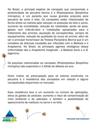 No Brasil, a principal espécie de carrapato que compromete a
produtividade da pecuária bovina é o Rhipicephalus (Boophillus
microplus), é um parasita que causa grandes prejuízos para
pecuária de corte e leite. Os carrapatos estão relacionados de
forma direta ou indireta pela redução na produção de leite e carne,
aumento da mortalidade, redução da natalidade, perda de peso,
gastos com mão-de-obra e instalações apropriadas para o
tratamento dos animais, aquisição de carrapaticidas, compra de
equipamentos, redução da qualidade do couro do animal, além de
ser o principal transmissor da Tristeza Parasitária Bovina que é um
complexo de doenças causadas por infecções com a Babesia e o
Anaplasma. No Brasil, os principais agentes etiológicos dessa
enfermidade são o Anaplasma marginale , a Babesia bovis e a B.
bigemina.
Os prejuízos relacionados ao carrapato (Rhipicephalus Boophillus
microplus) são superiores a 1 bilhão de dólares ao ano.
Outro motivo de preocupação para os setores envolvidos na
pecuária é a resistência dos carrapatos em relação a alguns
carrapaticidas disponíveis no mercado.
Essa resistência leva a um aumento no número de aplicações,
eleva os gastos do produtor, aumenta o risco de contaminação do
meio ambiente e do aplicador, e também a possibilidade do
aparecimento de resíduos na carne e no leite.
PREJUÍZOS COM PARASITAS?
 