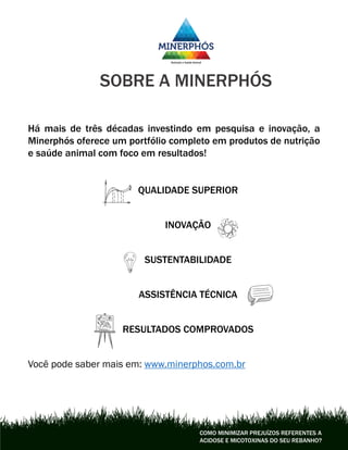 SOBRE A MINERPHÓS
Há mais de três décadas investindo em pesquisa e inovação, a
Minerphós oferece um portfólio completo em produtos de nutrição
e saúde animal com foco em resultados!
QUALIDADE SUPERIOR
INOVAÇÃO
SUSTENTABILIDADE
ASSISTÊNCIA TÉCNICA
RESULTADOS COMPROVADOS
Você pode saber mais em: www.minerphos.com.br
COMO MINIMIZAR PREJUÍZOS REFERENTES A
ACIDOSE E MICOTOXINAS DO SEU REBANHO?
 