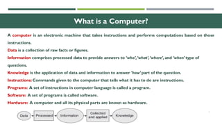 1
What is a Computer?
A computer is an electronic machine that takes instructions and performs computations based on those
instructions.
Data is a collection of raw facts or figures.
Information comprises processed data to provide answers to ‘who’,‘what’,‘where’, and ‘when’ type of
questions.
Knowledge is the application of data and information to answer ‘how’ part of the question.
Instructions: Commands given to the computer that tells what it has to do are instructions.
Programs: A set of instructions in computer language is called a program.
Software: A set of programs is called software.
Hardware: A computer and all its physical parts are known as hardware.
 