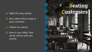 Seating
Customers
a) Right this way, please.
b) Your table will be ready in
just a moment.
c) Follow me, please.
d) Here is your table. Your
server will be with you
shortly.
 