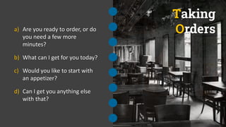 Taking
Orders
a) Are you ready to order, or do
you need a few more
minutes?
b) What can I get for you today?
c) Would you like to start with
an appetizer?
d) Can I get you anything else
with that?
 