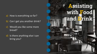 Assisting
with Food
and Drink
a) How is everything so far?
b) Can I get you another drink?
c) Would you like some more
bread?
d) Is there anything else I can
bring you?
 