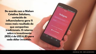 De acordo com a Nielsen
Catalina Solutions,
conteúdo de
influenciadores gera 11
vezes mais resultado do
que campanhas
tradicionais. O retorno
sobre o investimento
(ROI) é de US$ 6,85 para
cada dólar investido.
E S C O L A D E I N F L U E N C E R S
 