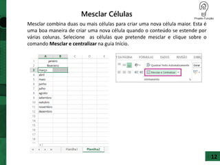 Mesclar Células
Mesclar combina duas ou mais células para criar uma nova célula maior. Esta é
uma boa maneira de criar uma nova célula quando o conteúdo se estende por
várias colunas. Selecione as células que pretende mesclar e clique sobre o
comando Mesclar e centralizar na guia Início.
12
 