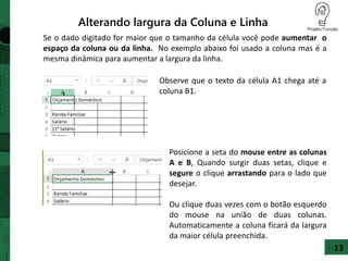 Alterando largura da Coluna e Linha
Se o dado digitado for maior que o tamanho da célula você pode aumentar o
espaço da coluna ou da linha. No exemplo abaixo foi usado a coluna mas é a
mesma dinâmica para aumentar a largura da linha.
Posicione a seta do mouse entre as colunas
A e B, Quando surgir duas setas, clique e
segure o clique arrastando para o lado que
desejar.
Ou clique duas vezes com o botão esquerdo
do mouse na união de duas colunas.
Automaticamente a coluna ficará da largura
da maior célula preenchida.
Observe que o texto da célula A1 chega até a
coluna B1.
13
 