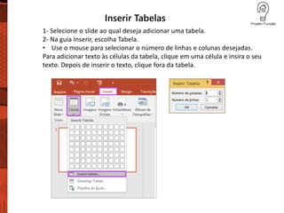 Inserir Tabelas
1- Selecione o slide ao qual deseja adicionar uma tabela.
2- Na guia Inserir, escolha Tabela.
• Use o mouse para selecionar o número de linhas e colunas desejadas.
Para adicionar texto às células da tabela, clique em uma célula e insira o seu
texto. Depois de inserir o texto, clique fora da tabela.
 