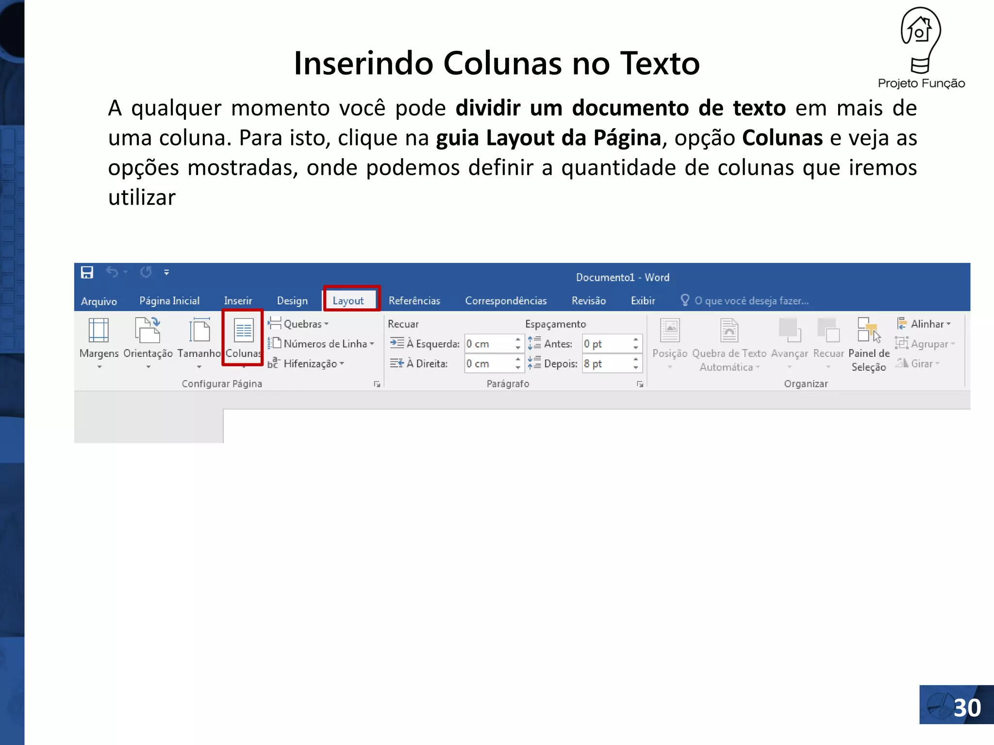 Inserindo Colunas no Texto
30
A qualquer momento você pode dividir um documento de texto em mais de
uma coluna. Para isto, clique na guia Layout da Página, opção Colunas e veja as
opções mostradas, onde podemos definir a quantidade de colunas que iremos
utilizar
 
