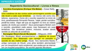 DEPRESSÃO E SUICÍDIO
Repertório Sociocultural – Livros e filmes
• Suicídios Exemplares (Enrique Vila-Matas) – Cosac Naify,
2009
Uma coletânea de dez contos sobre personagens suicidas que
não levam a cabo suas tentativas – ao menos não como nós,
leitores, esperamos. Como diz o escritor espanhol no início do
livro, parafraseando Fernando Pessoa, “viajar, perder suicídios;
perdê-los todos. Viajar até que se esgotem no livro as nobres
opções de morte que existem”. Seus personagens flertam com
o suicídio, arquitetam cada passo, mas fracassam em suas
tentativas. Tais tentativas podem, inclusive, acabar dando
sentido ao absurdo da existência.
• Norwegian Wood (Haruki Murakami) – Alfaguara, 2008
Em Norwegian Wood acompanhamos a trajetória do jovem
universitário Toru Watanabe, que carrega no passado o
suicídio do seu melhor amigo, Kizuki. Toru reencontra Naoko,
antiga namorada de Kizuki, uma alma também atormentada
por um inexplicável vazio existencial, que acaba por se internar
em um hospital psiquiátrico. Do escritor japonês Murakami.
 