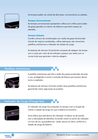 As tampas podem ser ainda de dois tipos: convencionais ou seladas. 
Tampas Convencionais 
As tampas convencionais apresentam rolhas com orifício para saída 
de gases gerados no interior da bateria e permitem acesso ao 
eletrólito. 
Tampas Seladas 
Contêm câmara de condensação com saída de gases direcionada 
através de respiros canalizados, rolhas estanques não removíveis, 
pastilhas antichamas e indicador do estado de carga. 
As baterias da Johnson Controls têm processo de selagem da tampa 
com a caixa por meio de termofusão e passam por testes com ar 
comprimido que garantem máxima selagem. 
Pastilhas Antichamas 
A pastilha antichamas permite a saída dos gases produzidos durante 
o uso, protegendo-a contra a entrada de faíscas que causam danos 
como a explosão. 
As baterias da Johnson Controls contêm duas pastilhas antichamas, 
garantindo maior segurança ao produto. 
Indicador de Carga (Charge Eye) 
O indicador de carga fica embutido na tampa e tem a função de 
indicar o estado de carga em que a bateria se encontra. 
Uma esfera que está dentro do indicador irá elevar-se de acordo 
com a densidade do eletrólito, tornando visível no centro do indicador 
um tom de cor, que poderá ser: verde, escuro ou claro, conforme o 
estado de carga da bateria. 
6 TREINAMENTO TÉCNICO EM BATERIAS AUTOMOTIVAS 
 