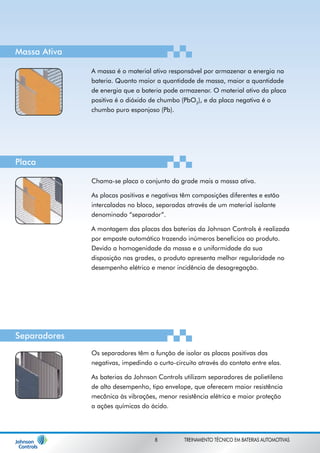 A massa é o material ativo responsável por armazenar a energia na 
bateria. Quanto maior a quantidade de massa, maior a quantidade 
de energia que a bateria pode armazenar. O material ativo da placa 
positiva é o dióxido de chumbo (PbO2), e da placa negativa é o 
chumbo puro esponjoso (Pb). 
Chama-se placa o conjunto da grade mais a massa ativa. 
As placas positivas e negativas têm composições diferentes e estão 
intercaladas no bloco, separadas através de um material isolante 
denominado “separador”. 
A montagem das placas das baterias da Johnson Controls é realizada 
por empaste automático trazendo inúmeros benefícios ao produto. 
Devido a homogenidade da massa e a uniformidade da sua 
disposição nas grades, o produto apresenta melhor regularidade no 
desempenho elétrico e menor incidência de desagregação. 
Os separadores têm a função de isolar as placas positivas das 
negativas, impedindo o curto-circuito através do contato entre elas. 
As baterias da Johnson Controls utilizam separadores de polietileno 
de alto desempenho, tipo envelope, que oferecem maior resistência 
mecânica às vibrações, menor resistência elétrica e maior proteção 
a ações químicas do ácido. 
Massa Ativa 
Placa 
Separadores 
8 TREINAMENTO TÉCNICO EM BATERIAS AUTOMOTIVAS 
 