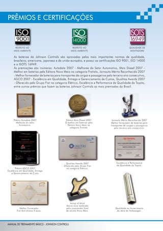 PRÊMIOS E CERTIFICAÇÕES 
RESPEITO AO 
MEIO AMBIENTE 
RESPEITO AO 
MEIO AMBIENTE 
QUALIDADE DE 
MONTADORA 
As baterias da Johnson Controls são aprovadas pelas mais importantes normas de qualidade, 
brasileira, americana, japonesa e da união européia, e possui as certificações ISO 9001, ISO 14000 
e a ISOTS 16949. 
As premiações são inúmeras: Autodata 2007 - Melhores do Setor Automotivo, Mais Diesel 2007 - 
Melhor em baterias pela Editora Novo Meio na categoria Frotista, Jornauto Mérito Reconhecido 2007 
- Melhor fornecedor de baterias para transportes de cargas e passageiros pelo terceiro ano consecutivo, 
AGCO 2007 - Excelência em Qualidade, Entrega e Gerenciamento de Custos, Qualitas Awards 2007 
- Oferecido pelo Grupo Fiat na categoria Elétrico, Excelência e Performance de Qualidade da Toyota, 
entre outros prêmios que fazem as baterias Johnson Controls as mais premiadas do Brasil. 
Prêmio Autodata 2007 
Melhores do setor 
Automotivo. 
Prêmio AGCO 2007 
Excelência em Qualidade, Entrega 
e Gerenciamento de Custo 
Prêmio Mais Diesel 2007 
O melhor em baterias pela 
Editora Novo Meio na 
categoria Frotista. 
Qualitas Awards 2007 
Oferecido pelo Grupo Fiat 
na categoria Elétrico. 
Jornauto Mérito Reconhecido 2007 
Melhor fornecedor de baterias para 
transportes de cargas e passageiros 
pelo terceiro ano consecutivo. 
Excelência e Performance 
de Qualidade da Toyota. 
Melhor Fornecedor 
Fiat dos últimos 5 anos. 
Autop of Mind 
Marca mais lembrada 
pelo consumidor final 
da revista Novo Meio. 
Qualidade no fornecimento 
da série da Volkswagen. 
MANUAL DE TREINAMENTO BÁSICO - JOHNSON CONTROLS 
 