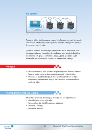 Em paralelo 
(figura somente como ilustração) 
Todos os pólos positivos devem estar interligados entre si, formando 
um circuito e todos os pólos negativos também interligados entre si 
formando outro circuito. 
Todas as baterias para recarga deverão ter a sua densidade e/ou 
tensão em abertas checadas, de modo que seja possível classificar 
as baterias em grupos (estado de carga), para que estas sejam 
colocadas em um mesmo circuito no processo de recarga. 
Nunca conecte o pólo positivo ao pólo negativo de uma mesma 
bateria ou da mesma série, pois ocasionará curto-circuito. 
Verificar se as conexões (cachimbos) estão com bom contato, 
aplicando uma pequena torção nos mesmos, pressionando-os 
contra o pólo. 
• 
• 
Durante o processo de recarga, deverão ser acompanhadas: 
densidade (quando aplicada); 
temperatura do eletrólito quando possível; 
corrente / tensão; 
tempo de recarga. 
• 
• 
• 
• 
Atenção 
Acompanhamento de Carga 
22 TREINAMENTO TÉCNICO EM BATERIAS AUTOMOTIVAS 
 