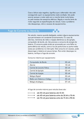 Caso a leitura seja negativa, significa que o alternador não está 
conseguindo suprir os equipamentos nesta condição. Isto pode 
ocorrer porque o motor está com a marcha lenta muito baixa, 
ou pelo excesso de acessórios elétricos. Regule a marcha lenta do 
motor segundo as especificações do veículo. Caso o problema 
não desapareça, retire o excesso de equipamentos. 
Fuga de Corrente ou Stand-by 
No veículo, mesmo quando desligado, existem alguns equipamentos 
que permanecem em constante funcionamento. É o caso de 
alarmes, memórias de rádio e injeção eletrônica ou da ignição, 
computador de bordo, etc. Isto provoca o consumo de energia da 
bateria. O consumo pode ainda ser provocado por uma falha na 
parte elétrica do veículo, como a luz do porta-luvas ou porta-malas 
acesa por problemas no interruptor. Este consumo em excesso, pode 
descarregar a bateria em pouco tempo. Para evitar descargas na 
bateria, verifique a fuga de corrente. 
Consumo máximo por equipamento: 
Computador de Bordo 05 mA 
Alarme 10 mA 
Central de Levanta Vidros 05 mA 
Central de Ignição 05 mA 
Central de Injeção 05 mA 
Relógio Digital 03 mA 
Rádio com Sistema e Código 03 mA 
Relógio Analógico 07 mA 
A fuga de corrente máxima para veículos leves são: 
até 20 mA para baterias até 45 Ah 
até 40 mA para baterias entre de 50 Ah à 70 Ah 
até 70 mA para baterias entre de 75 Ah à 90 Ah 
TREINAMENTO TÉCNICO EM BATERIAS AUTOMOTIVAS 31 
 