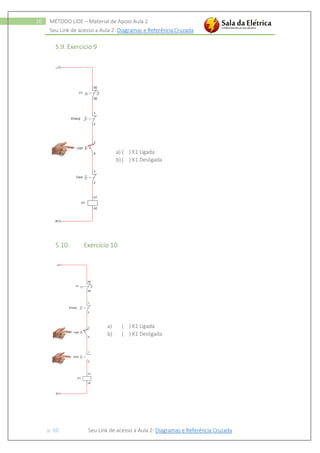 Seu Link de acesso a Aula 2: Diagramas e Referência Cruzada
p. 10 Seu Link de acesso a Aula 2: Diagramas e Referência Cruzada
10 MÉTODO LIDE – Material de Apoio Aula 2
5.9. Exercício 9
a) ( ) K1 Ligada
b) ( ) K1 Desligada
5.10. Exercício 10
a) ( ) K1 Ligada
b) ( ) K1 Desligada
 