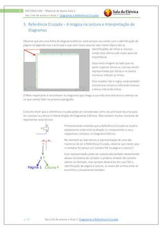 Seu Link de acesso a Aula 2: Diagramas e Referência Cruzada
p. 15 Seu Link de acesso a Aula 2: Diagramas e Referência Cruzada
15 MÉTODO LIDE – Material de Apoio Aula 2
3. Referência Cruzada – A mágica na Leitura e Interpretação de
Diagramas
Observe que em uma folha de diagrama elétrico você sempre vai contar com a identificação de
página na legenda mas o principal e que será nosso assunto aqui neste tópico são as
identificações de linhas e colunas,
sendo esta última a de maior peso de
importância.
Veja nesta imagem ao lado que na
parte superior temos as colunas sendo
representadas por letras e na lateral
números indicam as linhas.
Este modelo não é regra, você também
encontrará números indicando colunas
e letras indicando linhas.
O Mais importante é reconhecer no diagrama que chega a sua mão esta estrutura e atentar-se
no que vamos falar no próximo parágrafo.
Costumo dizer que a referência cruzada pode ser considerada como seu principal recurso para
ter sucesso na Leitura e Interpretação de Diagramas Elétricos. Mas existem muitas maneiras de
representar esta técnica.
Primeiramente entenda que a Referência Cruzada te mostra
exatamente onde está localizado os componentes e seus
respectivos contatos no Diagrama Elétrico.
No exemplo ao lado temos a representação de uma das
maneiras de ler a Referência Cruzada, observe que neste caso
o contator K2 possui um contato NA na página 1 coluna F.
Esta representação pode ser substituída também desenhando
abaixo da bobina do contator o próprio símbolo do contato
aberto ou fechado, mas sempre deverá ter em sua TAG a
identificação de página e coluna, as vezes até a linha onde se
encontra o componente também
 