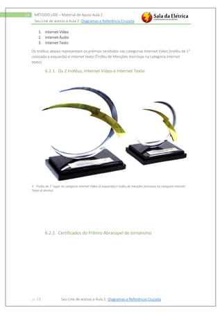 Seu Link de acesso a Aula 2: Diagramas e Referência Cruzada
p. 23 Seu Link de acesso a Aula 2: Diagramas e Referência Cruzada
23 MÉTODO LIDE – Material de Apoio Aula 2
1. Internet Vídeo
2. Internet Áudio
3. Internet Texto
Os troféus abaixo representam os prêmios recebidos nas categorias Internet Vídeo (troféu de 1°
colocado a esquerda) e internet texto (Troféu de Menções Honrosas na categoria internet
texto)
6.2.1. Os 2 troféus, Internet Vídeo e Internet Texto
3 - Troféu de 1° lugar na categoria Internet Vídeo (à esquerda) e troféu de menções honrosas na categoria Internet
Texto (à direita)
6.2.2. Certificados do Prêmio Abracopel de Jornalismo
 