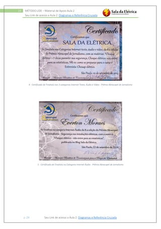 Seu Link de acesso a Aula 2: Diagramas e Referência Cruzada
p. 24 Seu Link de acesso a Aula 2: Diagramas e Referência Cruzada
24 MÉTODO LIDE – Material de Apoio Aula 2
4 - Certificado de Finalista nas 3 categorias Internet Texto, Áudio e Vídeo - Prêmio Abracopel de Jornalismo
5 - Certificado de Finalista na Categoria Internet Áudio - Prêmio Abracopel de Jornalismo
 