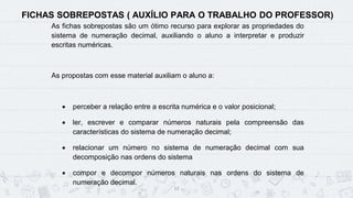 12
FICHAS SOBREPOSTAS ( AUXÍLIO PARA O TRABALHO DO PROFESSOR)
As fichas sobrepostas são um ótimo recurso para explorar as propriedades do
sistema de numeração decimal, auxiliando o aluno a interpretar e produzir
escritas numéricas.
As propostas com esse material auxiliam o aluno a:
• perceber a relação entre a escrita numérica e o valor posicional;
• ler, escrever e comparar números naturais pela compreensão das
características do sistema de numeração decimal;
• relacionar um número no sistema de numeração decimal com sua
decomposição nas ordens do sistema
• compor e decompor números naturais nas ordens do sistema de
numeração decimal.
 