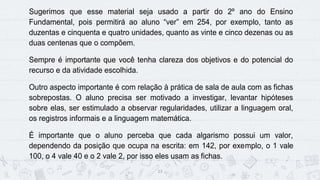 13
Sugerimos que esse material seja usado a partir do 2º ano do Ensino
Fundamental, pois permitirá ao aluno “ver” em 254, por exemplo, tanto as
duzentas e cinquenta e quatro unidades, quanto as vinte e cinco dezenas ou as
duas centenas que o compõem.
Sempre é importante que você tenha clareza dos objetivos e do potencial do
recurso e da atividade escolhida.
Outro aspecto importante é com relação à prática de sala de aula com as fichas
sobrepostas. O aluno precisa ser motivado a investigar, levantar hipóteses
sobre elas, ser estimulado a observar regularidades, utilizar a linguagem oral,
os registros informais e a linguagem matemática.
É importante que o aluno perceba que cada algarismo possui um valor,
dependendo da posição que ocupa na escrita: em 142, por exemplo, o 1 vale
100, o 4 vale 40 e o 2 vale 2, por isso eles usam as fichas.
 