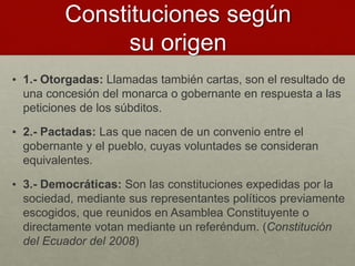 Constituciones según
su origen
• 1.- Otorgadas: Llamadas también cartas, son el resultado de
una concesión del monarca o gobernante en respuesta a las
peticiones de los súbditos.
• 2.- Pactadas: Las que nacen de un convenio entre el
gobernante y el pueblo, cuyas voluntades se consideran
equivalentes.
• 3.- Democráticas: Son las constituciones expedidas por la
sociedad, mediante sus representantes políticos previamente
escogidos, que reunidos en Asamblea Constituyente o
directamente votan mediante un referéndum. (Constitución
del Ecuador del 2008)
 