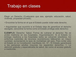 Trabajo en clases
Elegir un Derecho (Cualquiera que sea, ejemplo: educación, salud,
vivienda, propiedad privada).
• Encontrar la forma en el que el Estado puede violar este derecho.
• Argumentar que ocurriría si el Estado deja de garantizar el derecho
escogido. (encontrar la forma como el Estado protege este derecho)
EJEMPLO: Derecho: Salud. Forma de vulnerar el derecho: No se
probé medicina en los hospitales. Argumentación: Si el Estado no
entrega medicina a los hospitales estos se volverían obsoletos, los
enfermos (carentes de recursos económicos) fallecerían en mayor
cantidad, aumentando la taza de mortalidad del país. Para evitar esto
el Estado en la Constitución manifiesta Art. 37.- El Estado garantizará
a las personas adultas mayores los siguientes derechos: 1. La
atención gratuita y especializada de salud, así como el acceso gratuito
a medicinas.
 