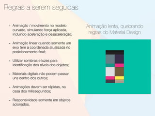 Regras a serem seguidas
Animação lenta, quebrando
regras do Material Design
- Animação / movimento no modelo
curvado, simulando força aplicada,
incluindo aceleração e desaceleração;
- Animação linear quando somente um
eixo tem a coordenada atualizada no
posicionamento ﬁnal;
- Utilizar sombras e luzes para
identiﬁcação dos níveis dos objetos;
- Materiais digitais não podem passar
uns dentro dos outros;
- Animações devem ser rápidas, na
casa dos milissegundos;
- Responsividade somente em objetos
acionados.
 