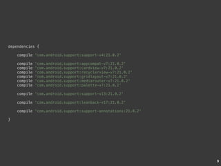 9 
dependencies { 
compile 'com.android.support:support-v4:21.0.2' 
compile 'com.android.support:appcompat-v7:21.0.2' 
compile 'com.android.support:cardview-v7:21.0.2' 
compile 'com.android.support:recyclerview-v7:21.0.2' 
compile 'com.android.support:gridlayout-v7:21.0.2' 
compile 'com.android.support:mediarouter-v7:21.0.2' 
compile 'com.android.support:palette-v7:21.0.2' 
compile 'com.android.support:support-v13:21.0.2' 
compile 'com.android.support:leanback-v17:21.0.2' 
compile 'com.android.support:support-annotations:21.0.2' 
} 
 