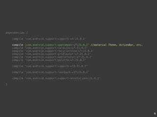 9 
dependencies { 
compile 'com.android.support:support-v4:21.0.2' 
compile 'com.android.support:appcompat-v7:21.0.2' 
compile 'com.android.support:cardview-v7:21.0.2' 
compile 'com.android.support:recyclerview-v7:21.0.2' 
compile 'com.android.support:gridlayout-v7:21.0.2' 
compile 'com.android.support:mediarouter-v7:21.0.2' 
compile 'com.android.support:palette-v7:21.0.2' 
compile 'com.android.support:support-v13:21.0.2' 
compile 'com.android.support:leanback-v17:21.0.2' 
compile 'com.android.support:support-annotations:21.0.2' 
} 
‚//material Theme, ActionBar, etc. 
 