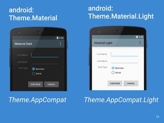 Theme.AppCompat Theme.AppCompat.Light 
11 
android: 
Theme.Material 
android: 
Theme.Material.Light 
 
