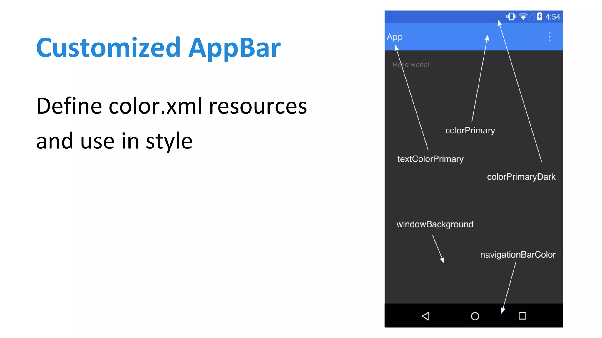 Customized AppBar
Define color.xml resources
and use in style
 