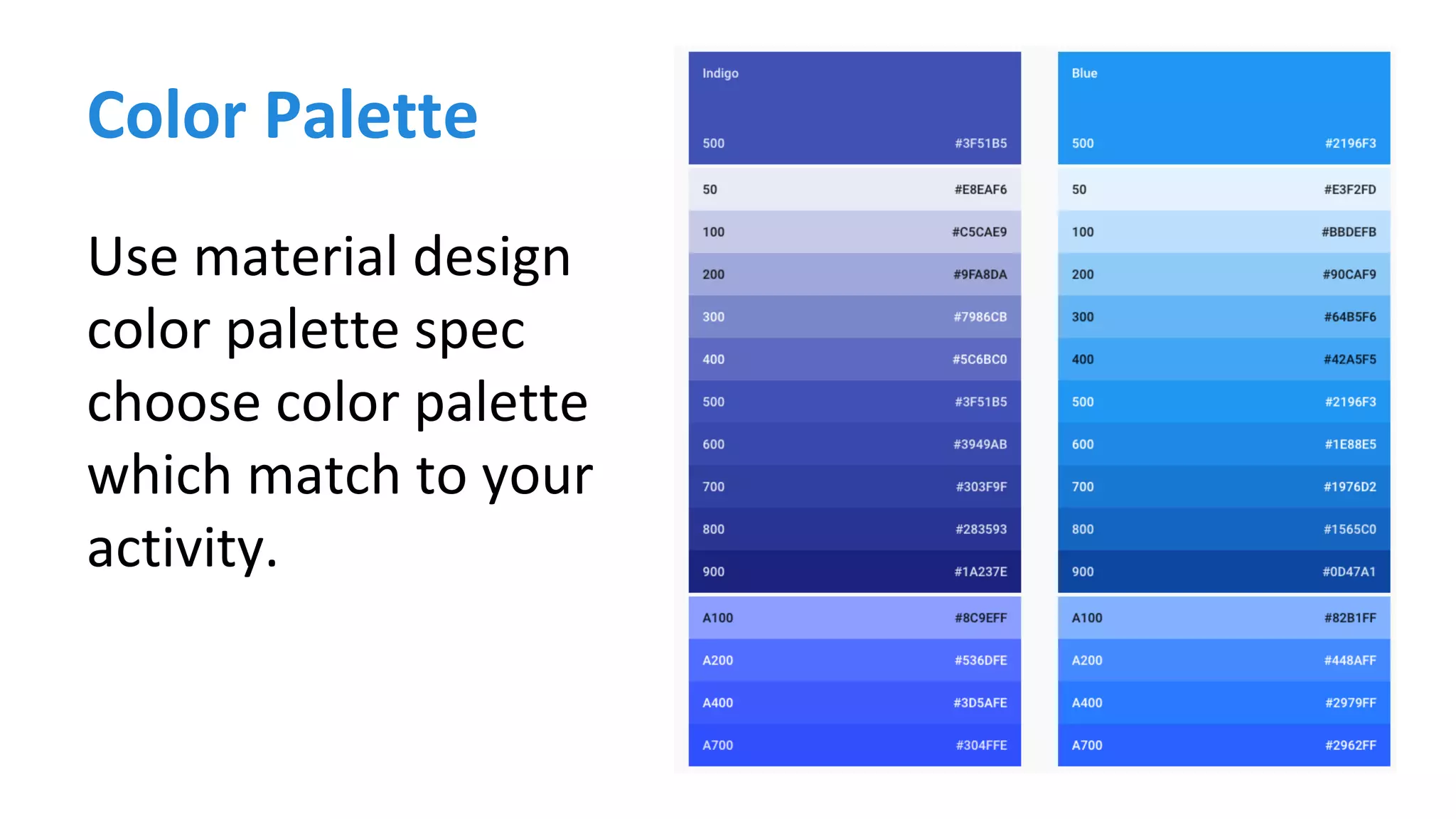 Color Palette
Use material design
color palette spec
choose color palette
which match to your
activity.
 
