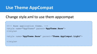 Use Theme AppCompat
<!-- Base application theme. -->
<style name="AppTheme" parent="AppTheme.Base">
</style>
<style name="AppTheme.Base" parent="Theme.AppCompat.Light">
</style>
Change style.xml to use them appcompat
 
