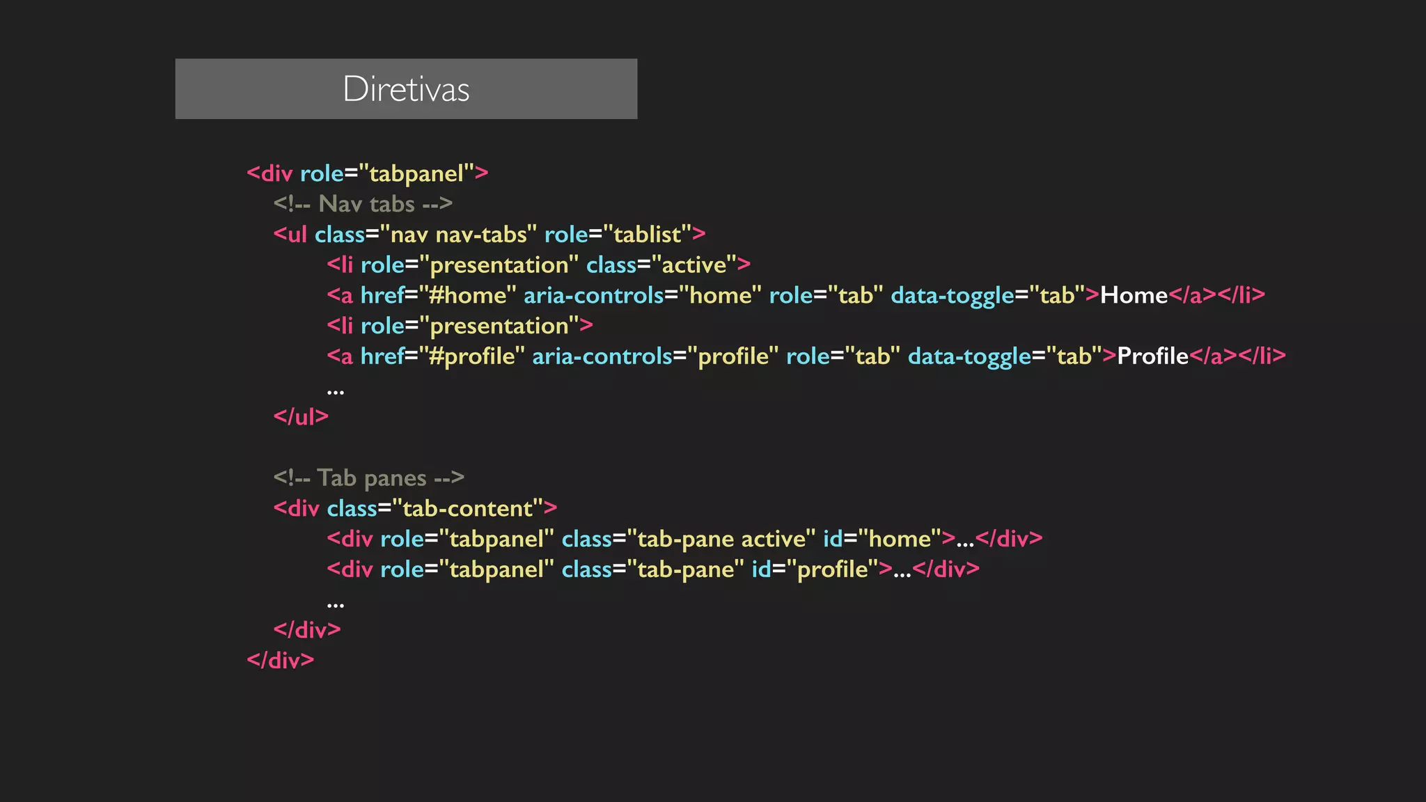 <div role="tabpanel">
<!-- Nav tabs -->
<ul class="nav nav-tabs" role="tablist">
<li role="presentation" class="active">
<a href="#home" aria-controls="home" role="tab" data-toggle="tab">Home</a></li>
<li role="presentation">
<a href="#proﬁle" aria-controls="proﬁle" role="tab" data-toggle="tab">Proﬁle</a></li>
...
</ul>
!
<!-- Tab panes -->
<div class="tab-content">
<div role="tabpanel" class="tab-pane active" id="home">...</div>
<div role="tabpanel" class="tab-pane" id="proﬁle">...</div>
...
</div>
</div>
!
!
Diretivas
 